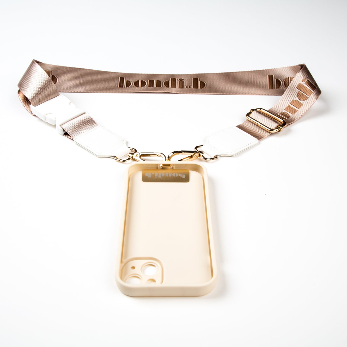 Stylish crossbody phone case with nude colour adjustable strap, designed for convenience and hands-free use. Features a secure cream colour phone case holder and has a sleek design making it perfect for everyday minimalist wear.