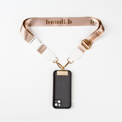 Stylish crossbody phone case with nude colour adjustable strap, designed for convenience and hands-free use. Features a secure black colour phone case holder and has a sleek design making it perfect for everyday minimalist wear.