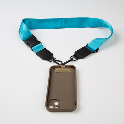 Stylish crossbody phone case with an aqua blue colour adjustable strap, designed for convenience and hands-free use. Features a secure chocolate colour phone case holder and has a sleek design making it perfect for everyday minimalist wear.