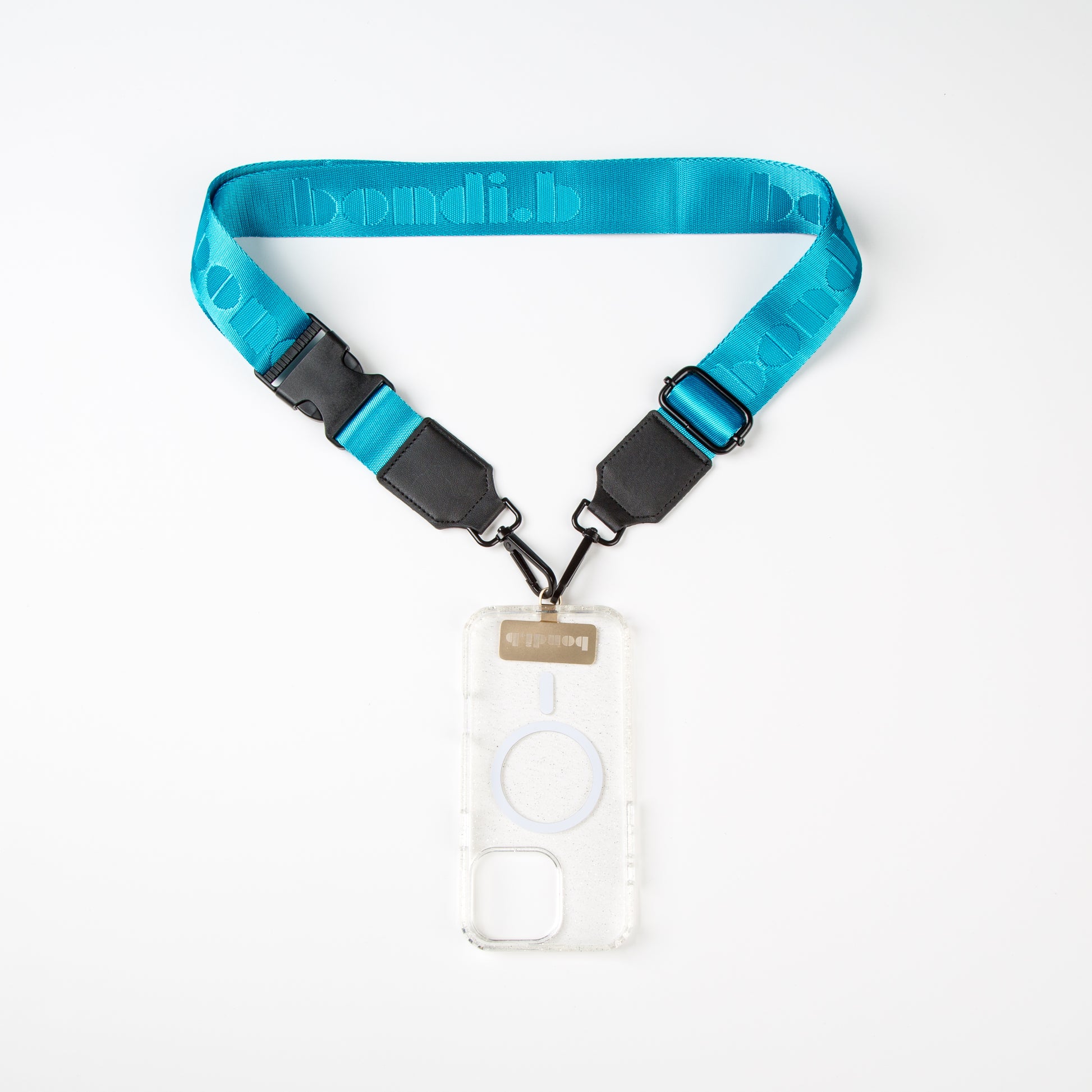 Stylish crossbody phone case with an aqua blue colour adjustable strap, designed for convenience and hands-free use. Features a secure clear colour phone case holder and has a sleek design making it perfect for everyday minimalist wear.