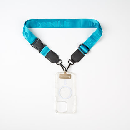 Stylish crossbody phone case with an aqua blue colour adjustable strap, designed for convenience and hands-free use. Features a secure clear colour phone case holder and has a sleek design making it perfect for everyday minimalist wear.