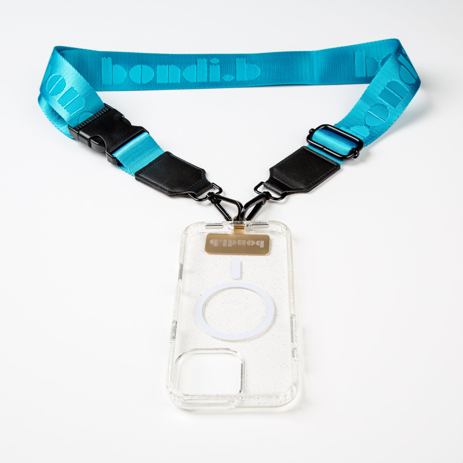 Stylish crossbody phone case with an aqua blue colour adjustable strap, designed for convenience and hands-free use. Features a secure clear colour phone case holder and has a sleek design making it perfect for everyday minimalist wear.