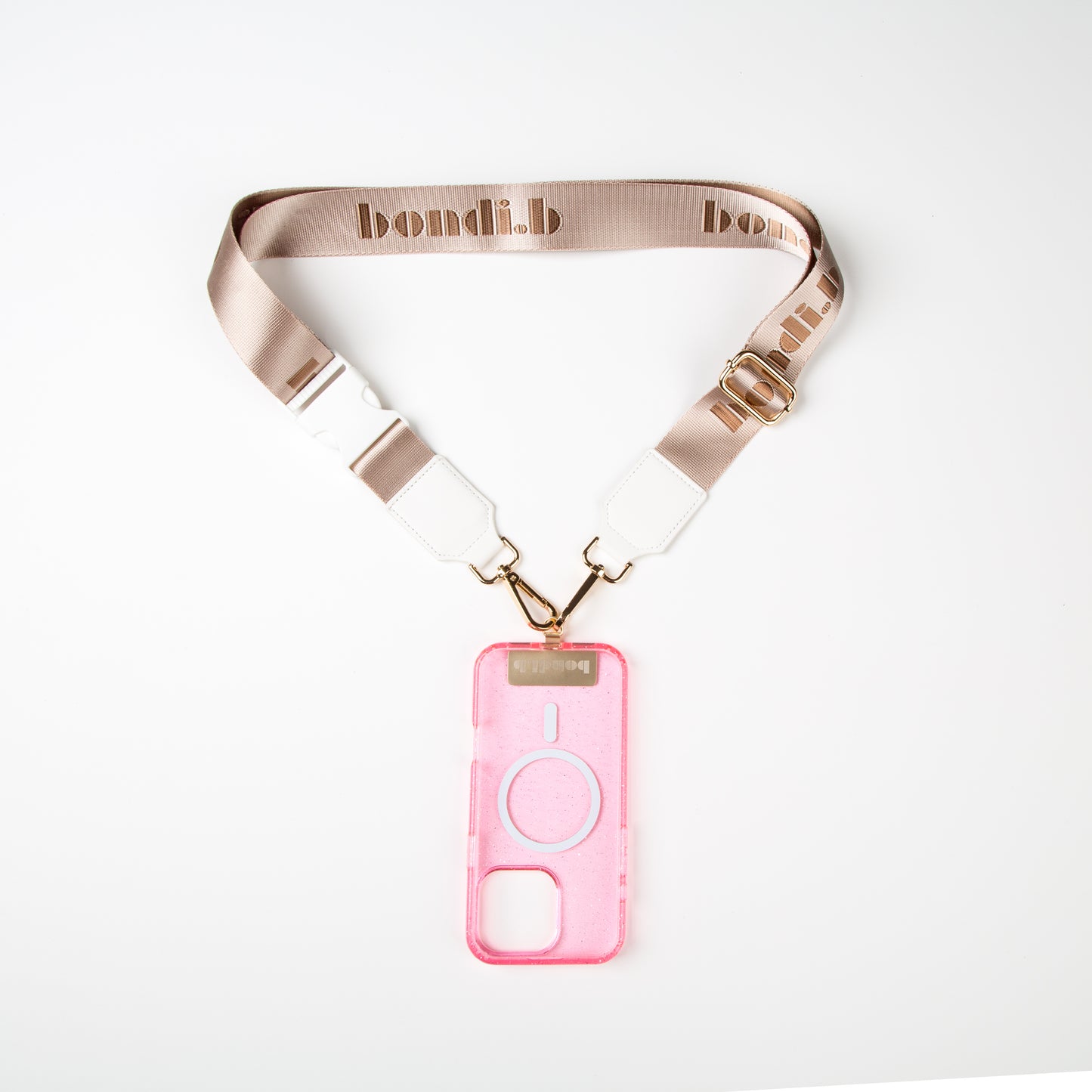 Stylish crossbody phone case with nude colour adjustable strap, designed for convenience and hands-free use. Features a secure pink colour phone case holder and has a sleek design making it perfect for everyday minimalist wear.