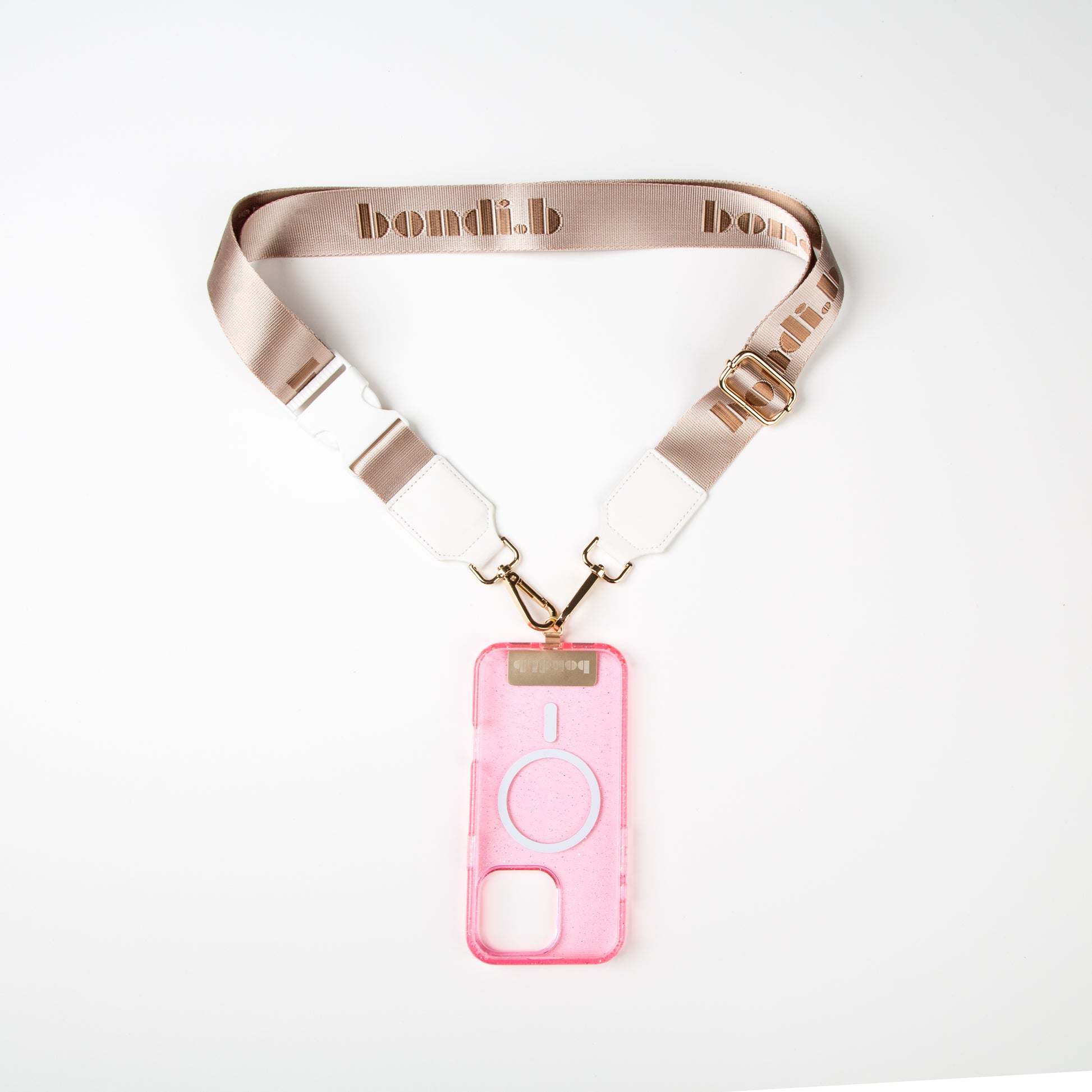 Stylish crossbody phone case with nude colour adjustable strap, designed for convenience and hands-free use. Features a secure pink colour phone case holder and has a sleek design making it perfect for everyday minimalist wear.