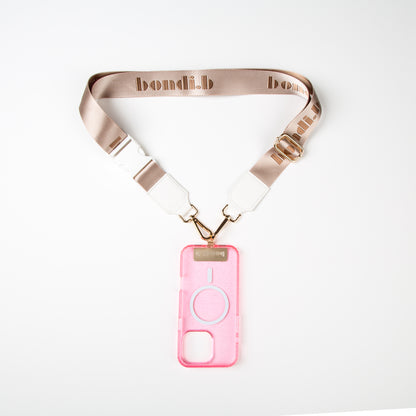 Stylish crossbody phone case with nude colour adjustable strap, designed for convenience and hands-free use. Features a secure pink colour phone case holder and has a sleek design making it perfect for everyday minimalist wear.