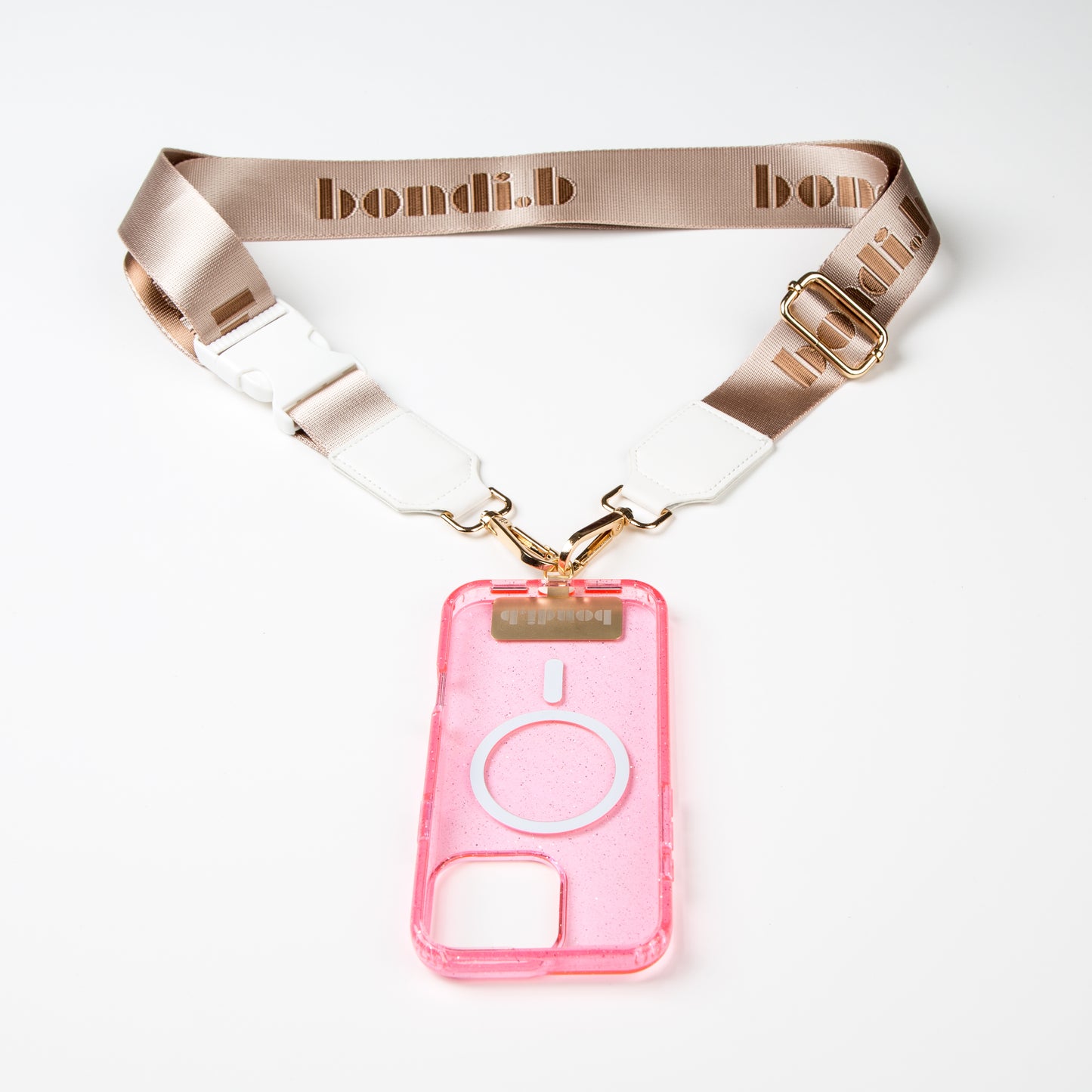 Stylish crossbody phone case with nude colour adjustable strap, designed for convenience and hands-free use. Features a secure pink colour phone case holder and has a sleek design making it perfect for everyday minimalist wear.