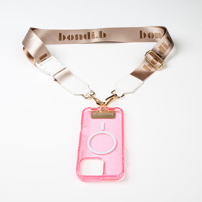 Stylish crossbody phone case with nude colour adjustable strap, designed for convenience and hands-free use. Features a secure pink colour phone case holder and has a sleek design making it perfect for everyday minimalist wear.