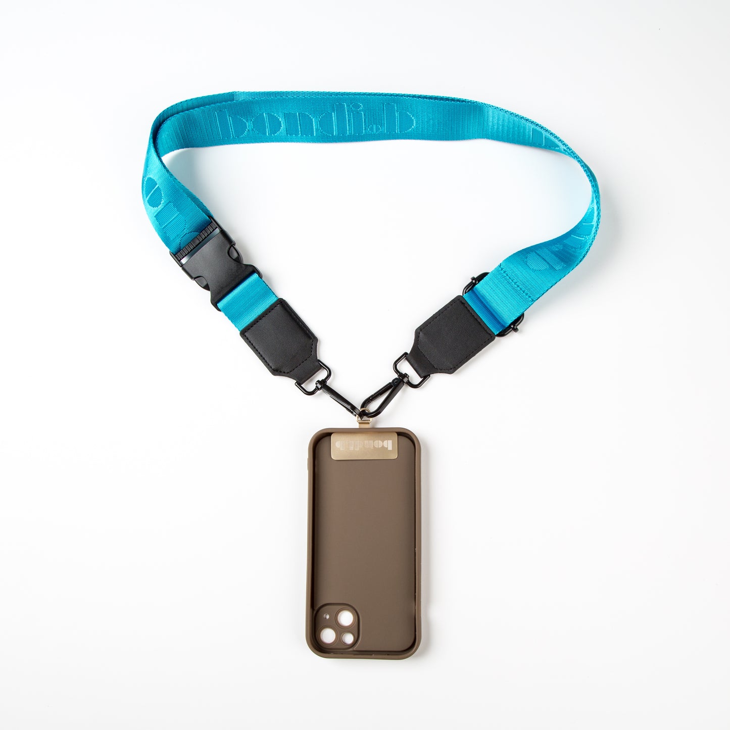 Stylish crossbody phone case with an aqua blue colour adjustable strap, designed for convenience and hands-free use. Features a secure chocolate colour phone case holder and has a sleek design making it perfect for everyday minimalist wear.