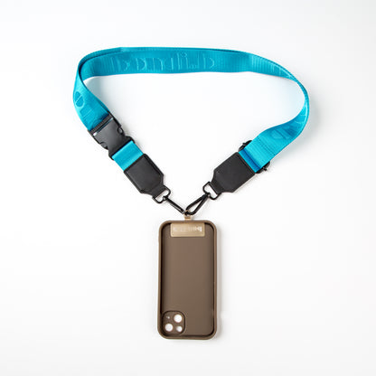 Stylish crossbody phone case with an aqua blue colour adjustable strap, designed for convenience and hands-free use. Features a secure chocolate colour phone case holder and has a sleek design making it perfect for everyday minimalist wear.